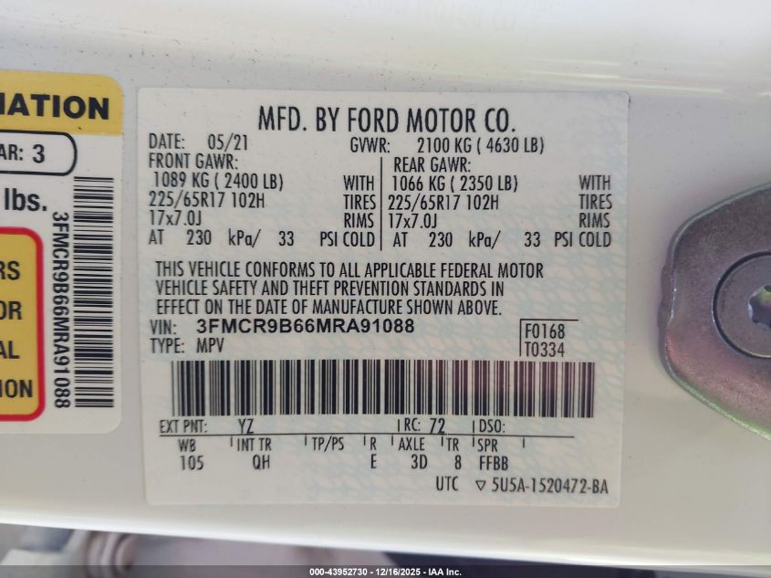 2021 Ford Bronco Sport Big Bend VIN: 3FMCR9B66MRA91088 Lot: 43952730