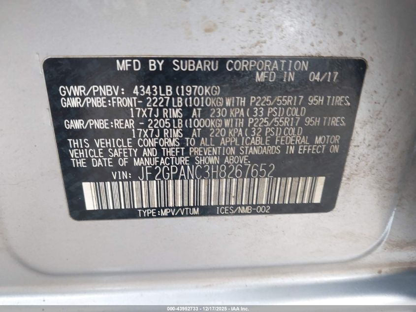 2017 Subaru Crosstrek 2.0I Limited VIN: JF2GPANC3H8267652 Lot: 43952733