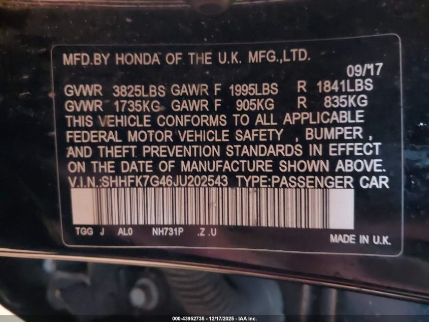 2018 Honda Civic Sport VIN: SHHFK7G46JU202543 Lot: 43952735