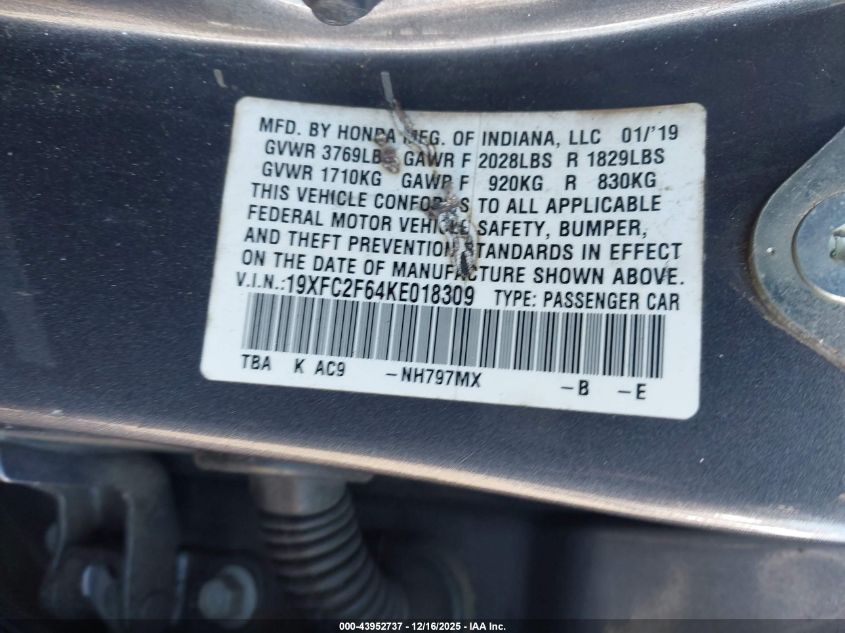 2019 Honda Civic Lx VIN: 19XFC2F64KE018309 Lot: 43952737