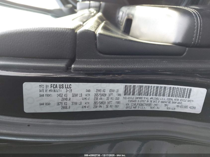 2019 Jeep Grand Cherokee Altitude 4X4 VIN: 1C4RJFAG8KC709991 Lot: 43952738