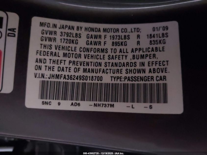 2009 Honda Civic Hybrid VIN: JHMFA36249S018700 Lot: 43952739