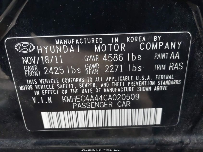 2012 Hyundai Sonata Hybrid VIN: KMHEC4A44CA020509 Lot: 43952742