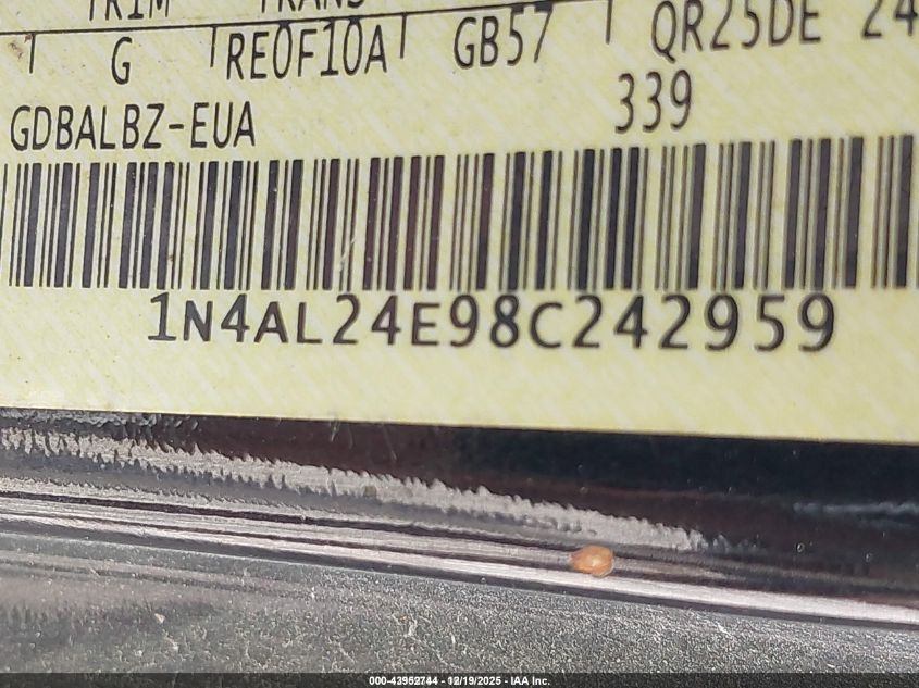 2008 Nissan Altima 2.5 S VIN: 1N4AL24E98C242959 Lot: 43952744