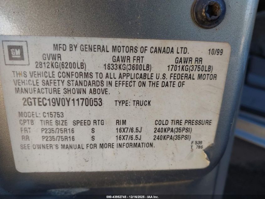 2000 GMC Sierra 1500 Sle VIN: 2GTEC19V0Y1170053 Lot: 43952745