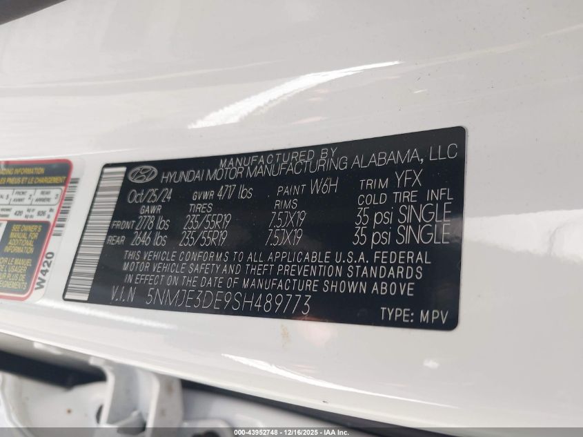 2025 Hyundai Tucson Limited VIN: 5NMJE3DE9SH489773 Lot: 43952748