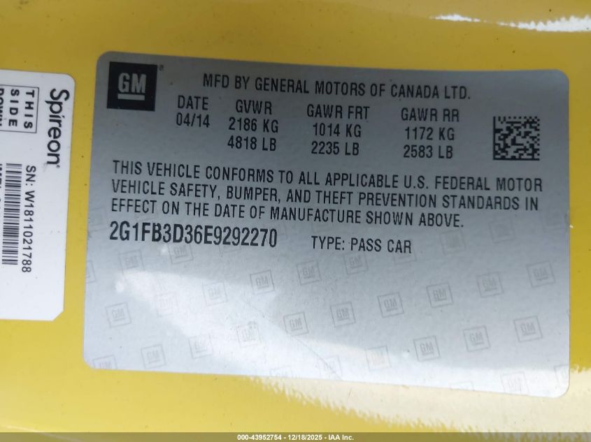 2014 Chevrolet Camaro 1Lt VIN: 2G1FB3D36E9292270 Lot: 43952754