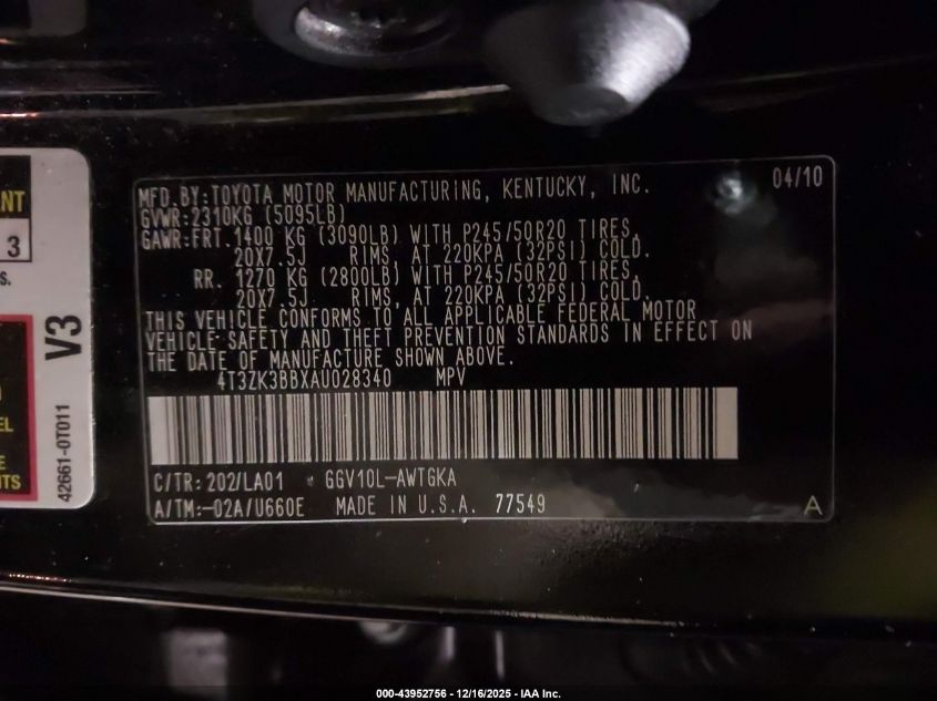 2010 Toyota Venza Base V6 VIN: 4T3ZK3BBXAU028340 Lot: 43952756