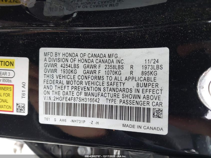 2025 Honda Civic Hybrid Sport/Sport Touring VIN: 2HGFE4F87SH316642 Lot: 43952757