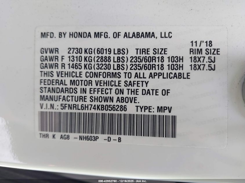 2019 Honda Odyssey Ex-L VIN: 5FNRL6H74KB056286 Lot: 43952760