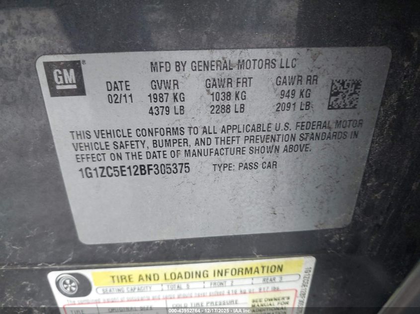 2011 Chevrolet Malibu 1Lt VIN: 1G1ZC5E12BF305375 Lot: 43952764