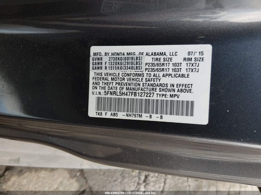 2015 Honda Odyssey Ex VIN: 5FNRL5H47FB127227 Lot: 43952769