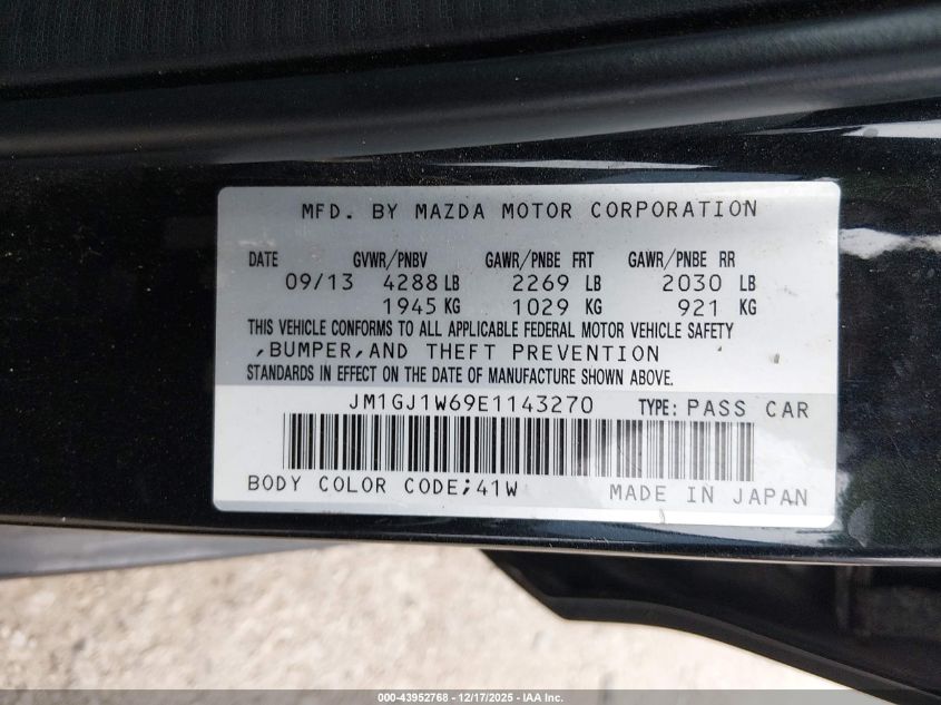 2014 Mazda Mazda6 I Grand Touring VIN: JM1GJ1W69E1143270 Lot: 43952768