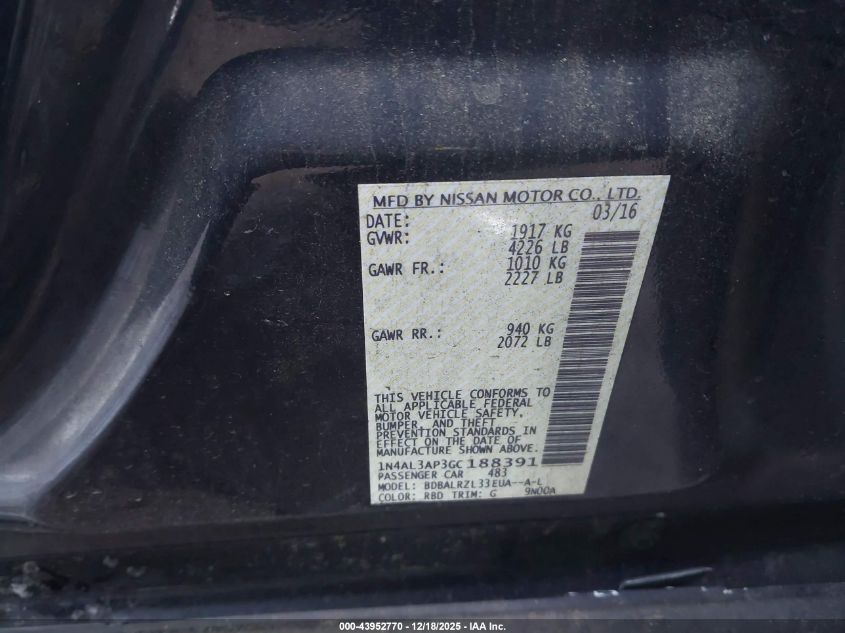 2016 Nissan Altima 2.5 Sl VIN: 1N4AL3AP3GC188391 Lot: 43952770