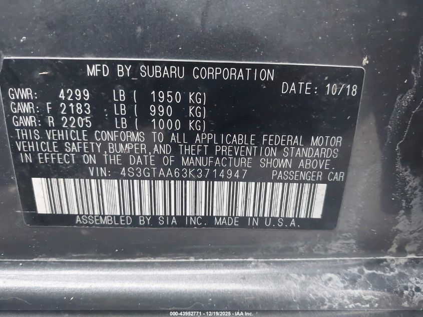 2019 Subaru Impreza 2.0I VIN: 4S3GTAA63K3714947 Lot: 43952771
