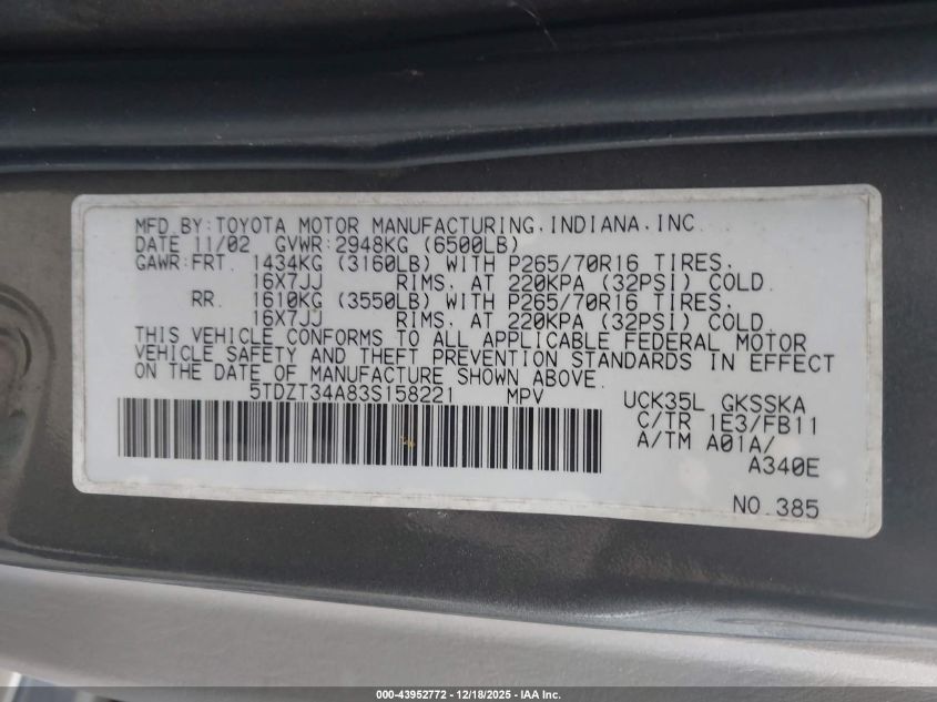 2003 Toyota Sequoia Sr5 V8 VIN: 5TDZT34A83S158221 Lot: 43952772