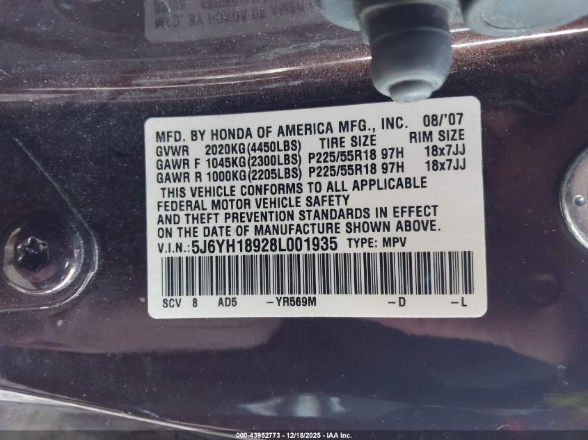 2008 Honda Element Sc VIN: 5J6YH18928L001935 Lot: 43952773
