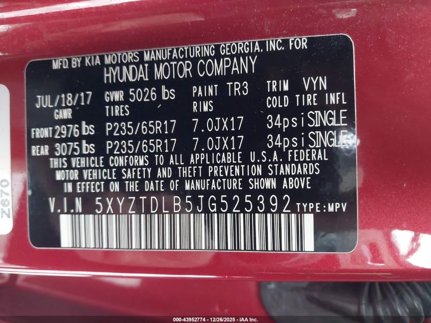 2018 Hyundai Santa Fe Sport 2.4L VIN: 5XYZTDLB5JG525392 Lot: 43952774