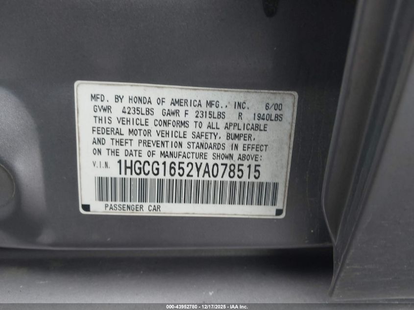 2000 Honda Accord 3.0 Ex VIN: 1HGCG1652YA078515 Lot: 43952780