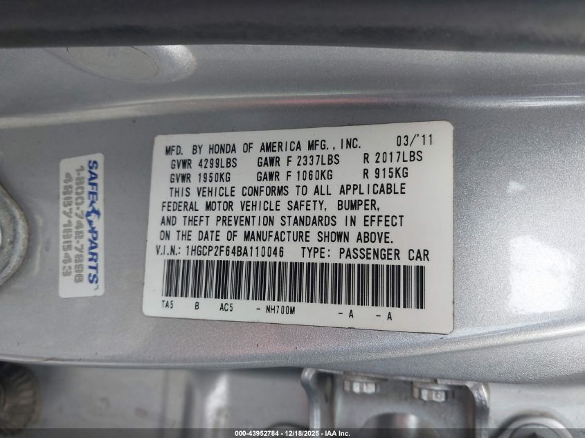 2011 Honda Accord 2.4 Se VIN: 1HGCP2F64BA110046 Lot: 43952784