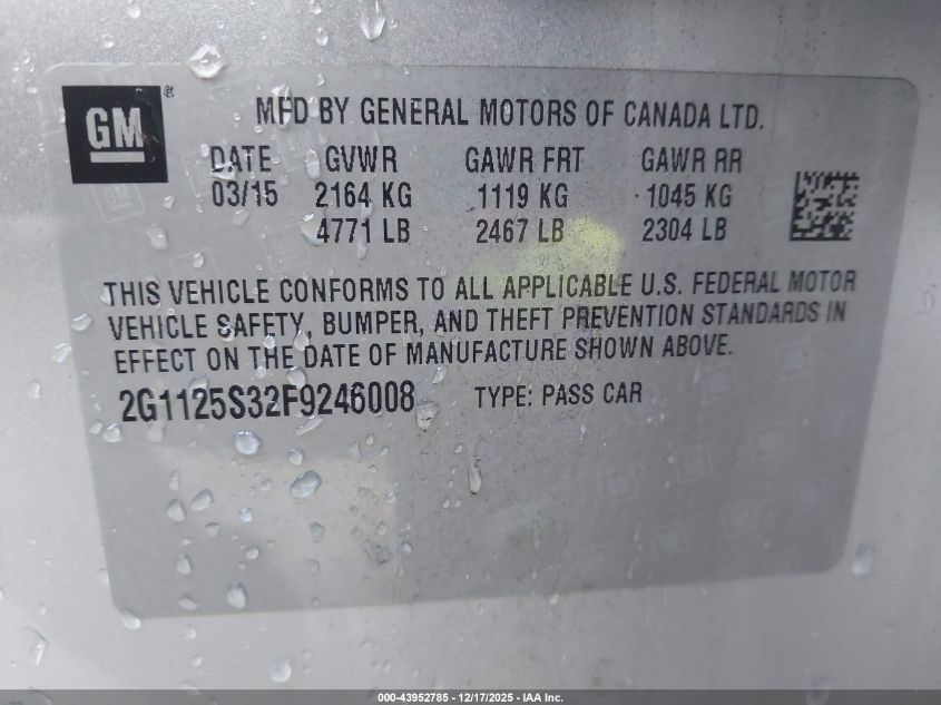 2015 Chevrolet Impala 2Lt VIN: 2G1125S32F9246008 Lot: 43952785