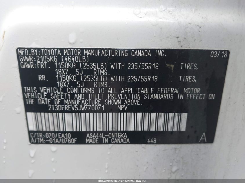 2018 Toyota Rav4 Platinum VIN: 2T3DFREV5JW770071 Lot: 43952786