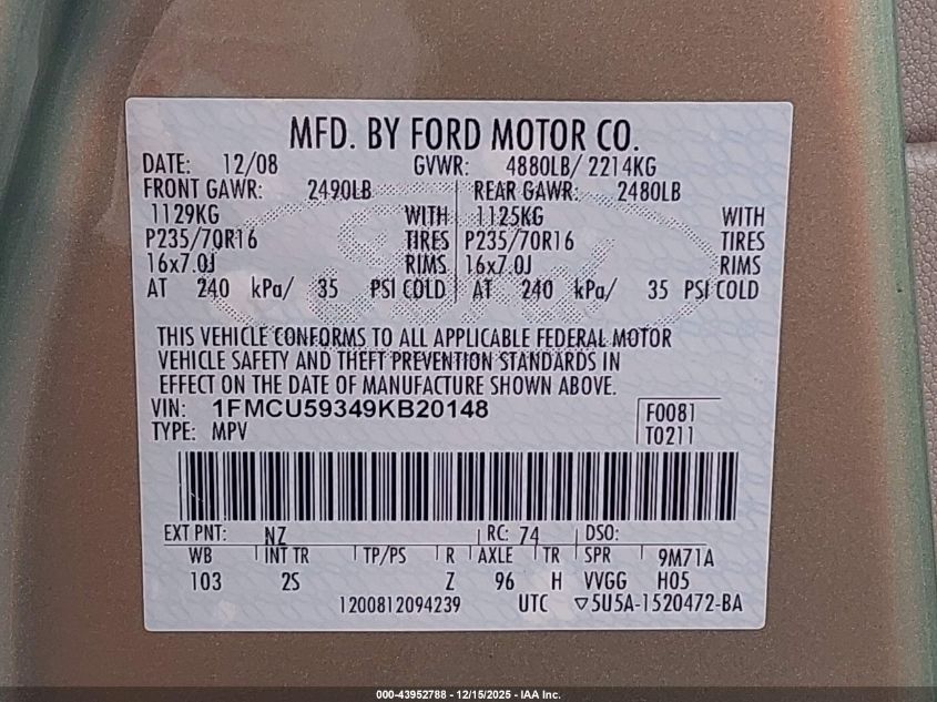 2009 Ford Escape Hybrid Limited VIN: 1FMCU59349KB20148 Lot: 43952788