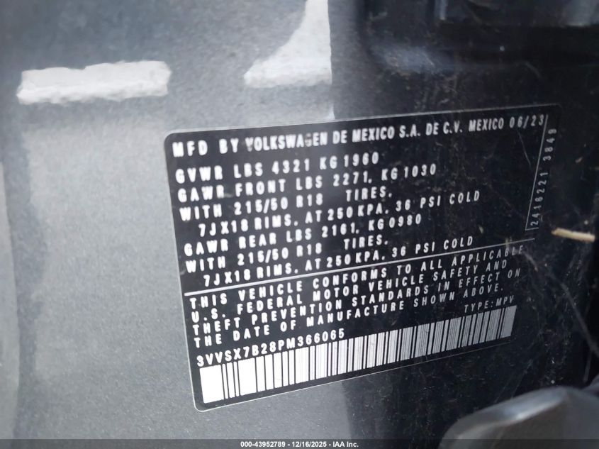 2023 Volkswagen Taos 1.5T Se VIN: 3VVSX7B28PM366065 Lot: 43952789