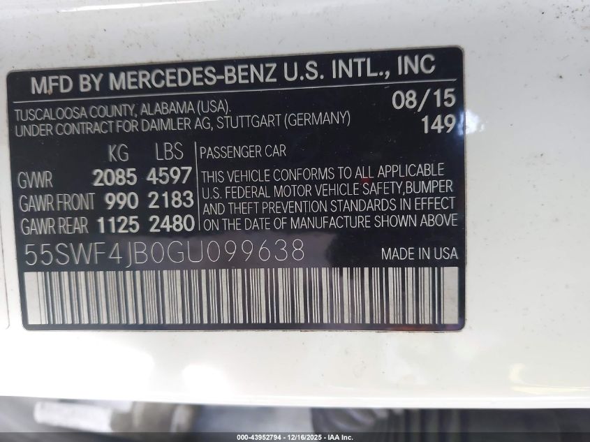 2016 Mercedes-Benz C 300 VIN: 55SWF4JB0GU099638 Lot: 43952794