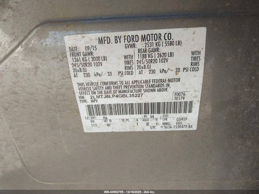 2016 Lincoln Mkx Reserve VIN: 2LMTJ6LP4GBL35227 Lot: 43952795