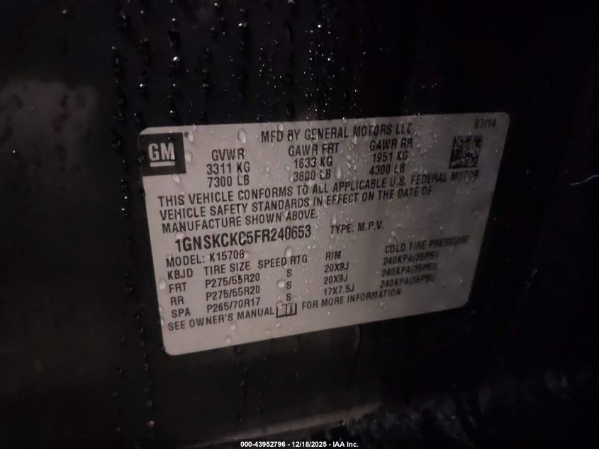 2015 Chevrolet Tahoe Ltz VIN: 1GNSKCKC5FR240653 Lot: 43952796