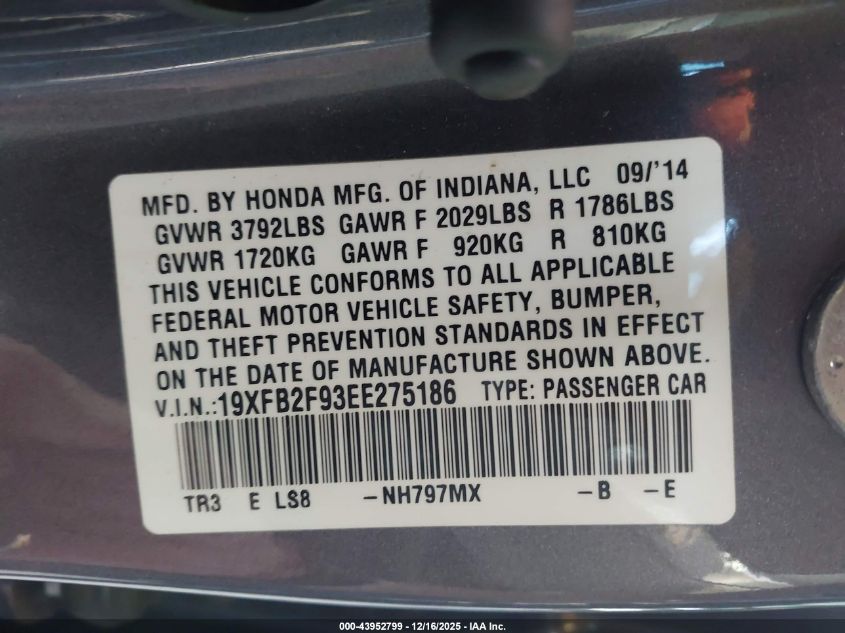 2014 Honda Civic Ex-L VIN: 19XFB2F93EE275186 Lot: 43952799