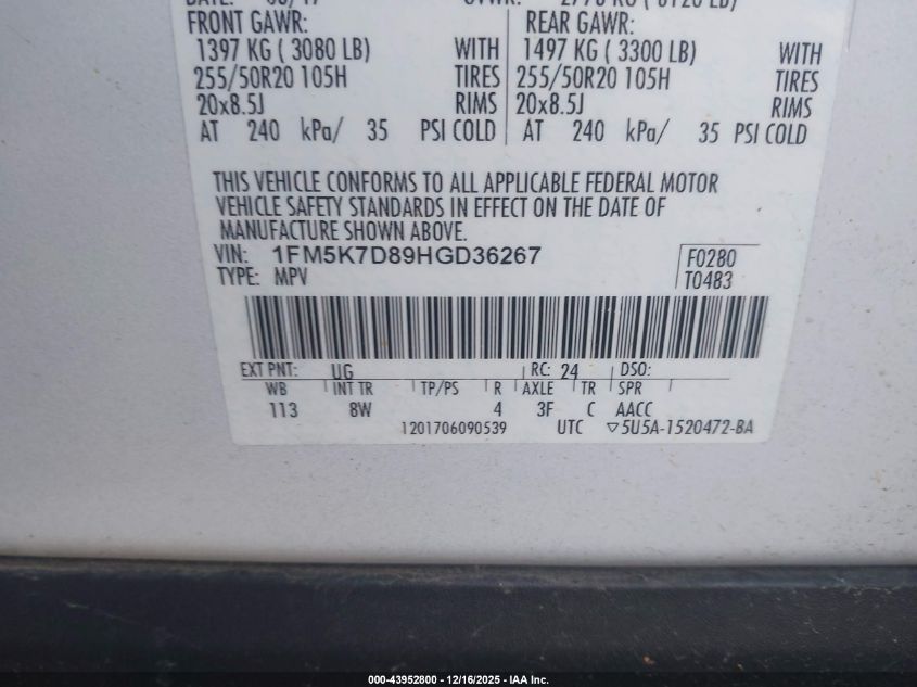 2017 Ford Explorer Xlt VIN: 1FM5K7D89HGD36267 Lot: 43952800