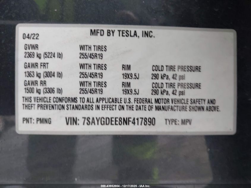 2022 Tesla Model Y Long Range Dual Motor All-Wheel Drive VIN: 7SAYGDEE8NF417890 Lot: 43952804