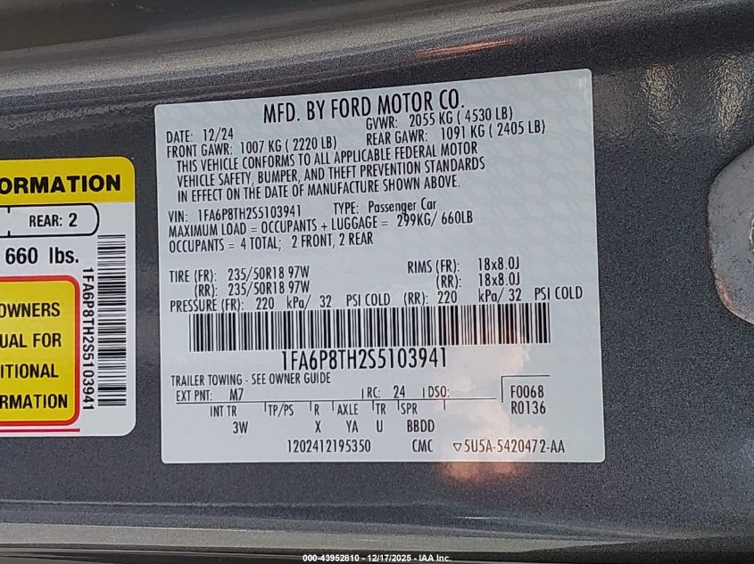 2025 Ford Mustang Ecoboost Premium Fastback VIN: 1FA6P8TH2S5103941 Lot: 43952810