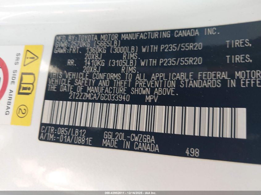 2016 Lexus Rx 350 VIN: 2T2ZZMCA7GC033940 Lot: 43952811