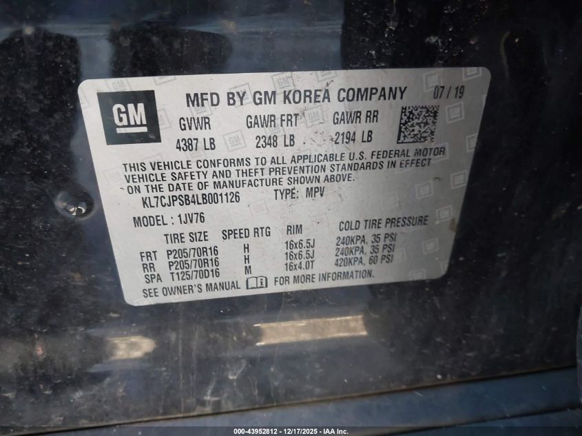 2020 Chevrolet Trax Awd Lt VIN: KL7CJPSB4LB001126 Lot: 43952812