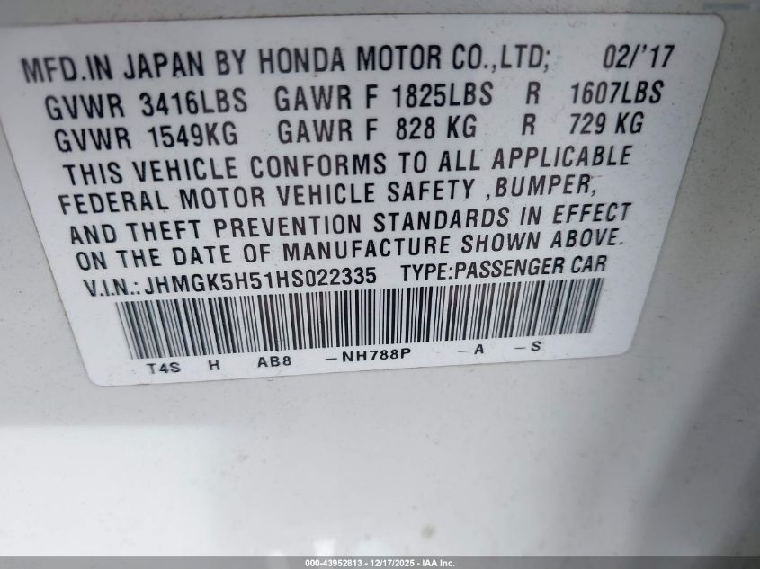 2017 Honda Fit Lx VIN: JHMGK5H51HS022335 Lot: 43952813
