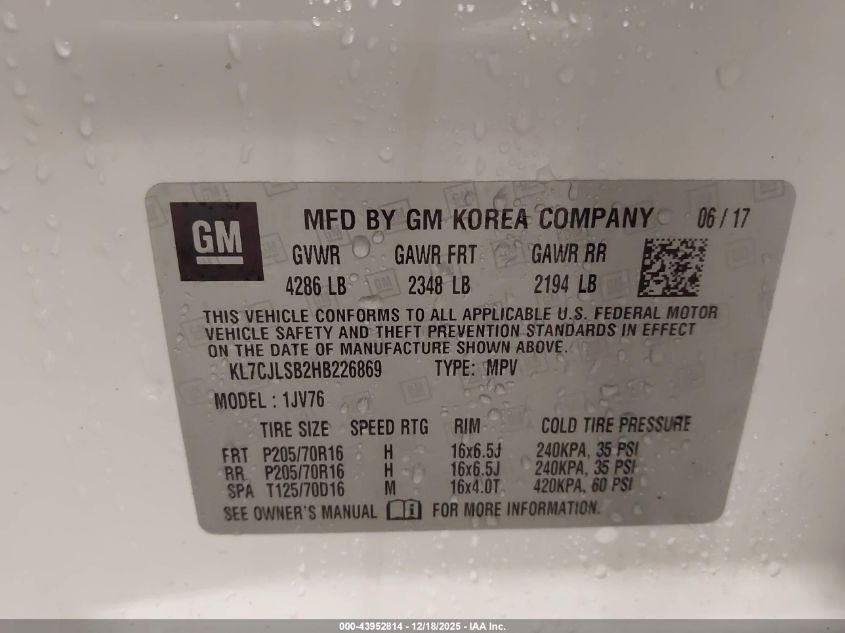 2017 Chevrolet Trax Lt VIN: KL7CJLSB2HB226869 Lot: 43952814