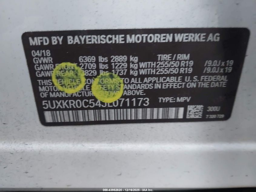 2018 BMW X5 xDrive35I VIN: 5UXKR0C54JL071173 Lot: 43952820