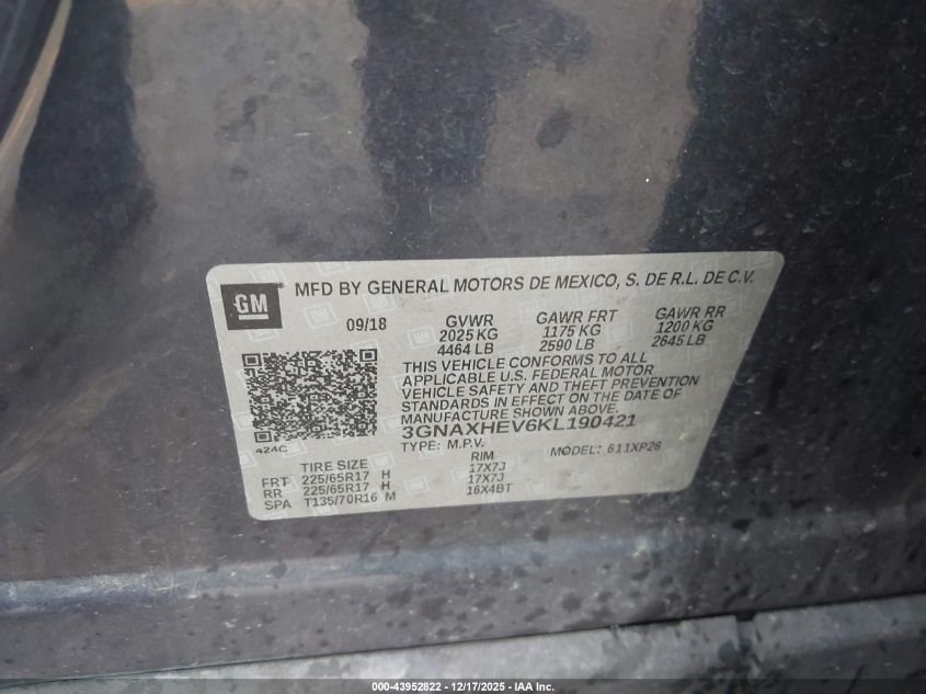 2019 Chevrolet Equinox Ls VIN: 3GNAXHEV6KL190421 Lot: 43952822