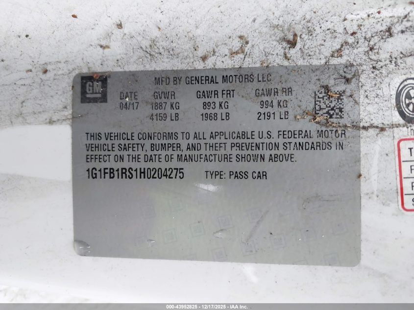 2017 Chevrolet Camaro 1Lt VIN: 1G1FB1RS1H0204275 Lot: 43952825