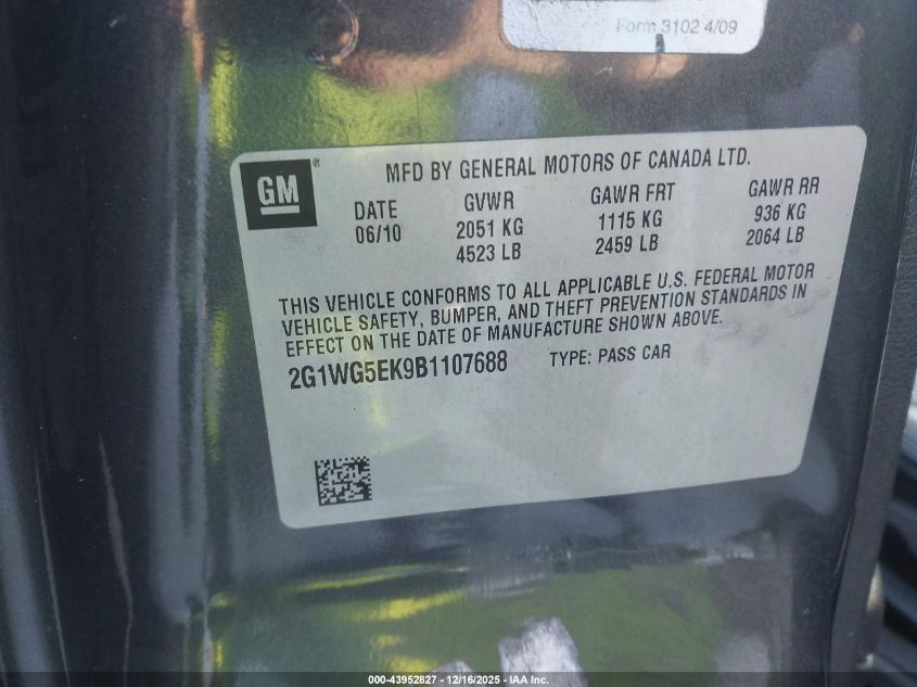 2011 Chevrolet Impala Lt VIN: 2G1WG5EK9B1107688 Lot: 43952827