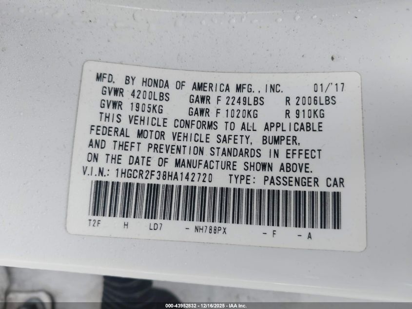 2017 Honda Accord Lx VIN: 1HGCR2F38HA142720 Lot: 43952832