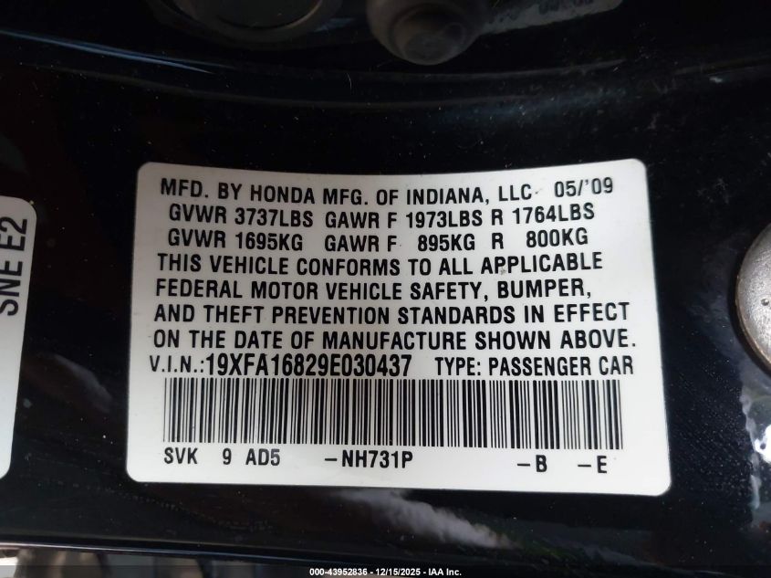 2009 Honda Civic Ex VIN: 19XFA16829E030437 Lot: 43952836