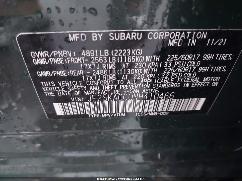 2022 Subaru Forester VIN: JF2SKACC0NH410466 Lot: 43952840