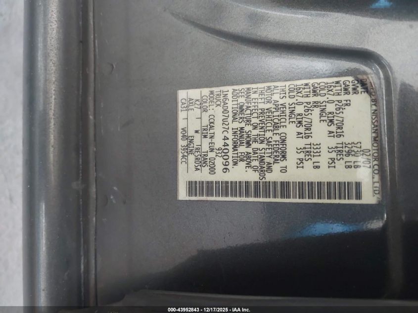 2007 Nissan Frontier Se VIN: 1N6AD07U27C440096 Lot: 43952843