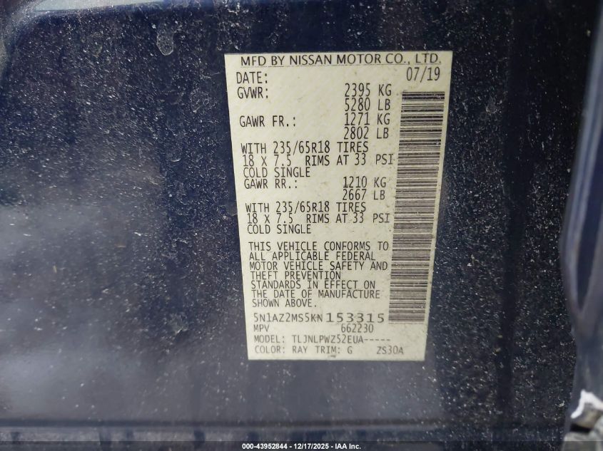 2019 Nissan Murano S VIN: 5N1AZ2MS5KN153315 Lot: 43952844