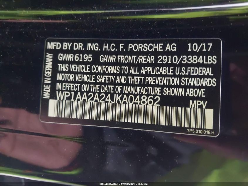 2018 Porsche Cayenne Platinum Edition VIN: WP1AA2A24JKA04862 Lot: 43952845