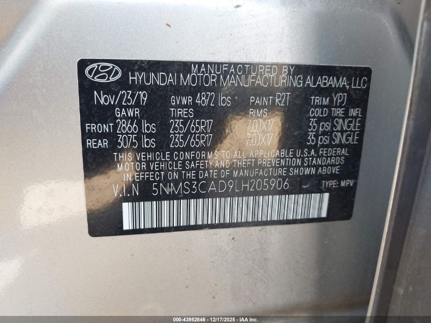 2020 Hyundai Santa Fe Sel VIN: 5NMS3CAD9LH205906 Lot: 43952846